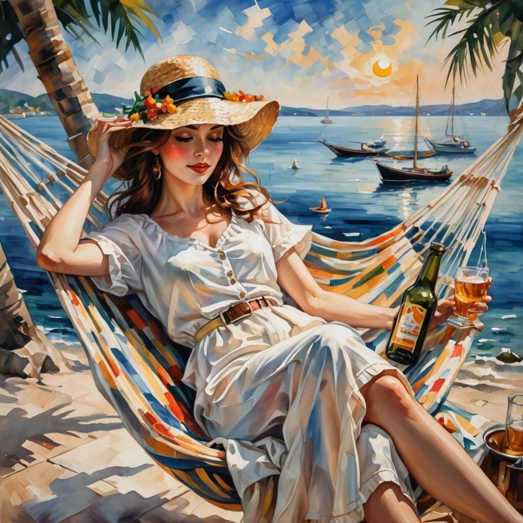 Woman in Hammock, Impasto Seascape Painting