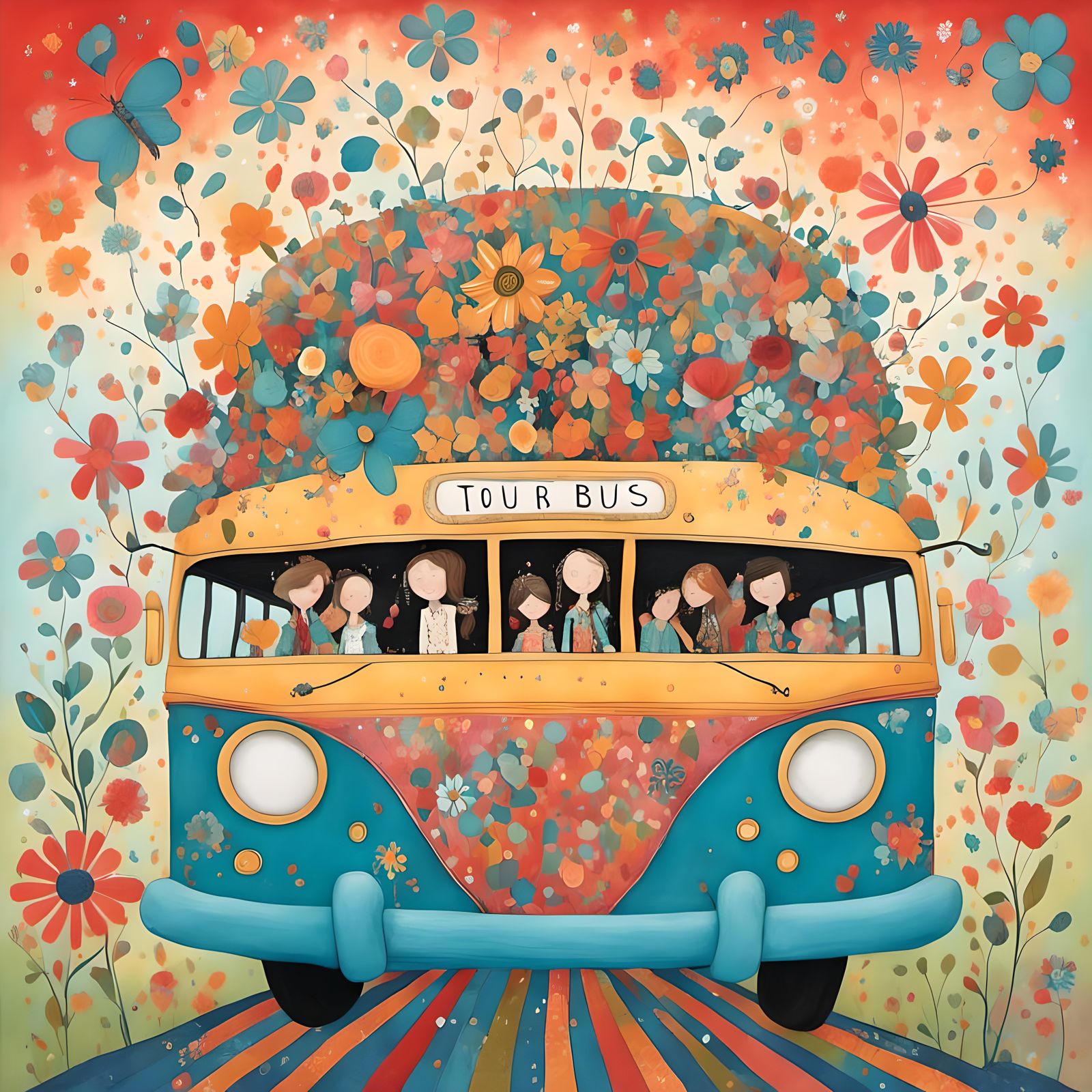 Whimsical Tour Bus Portrait in Maromi Sagi Style