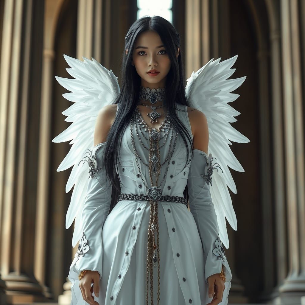Ethereal Gothic Portrait of Asian Girl with Angelic Wings