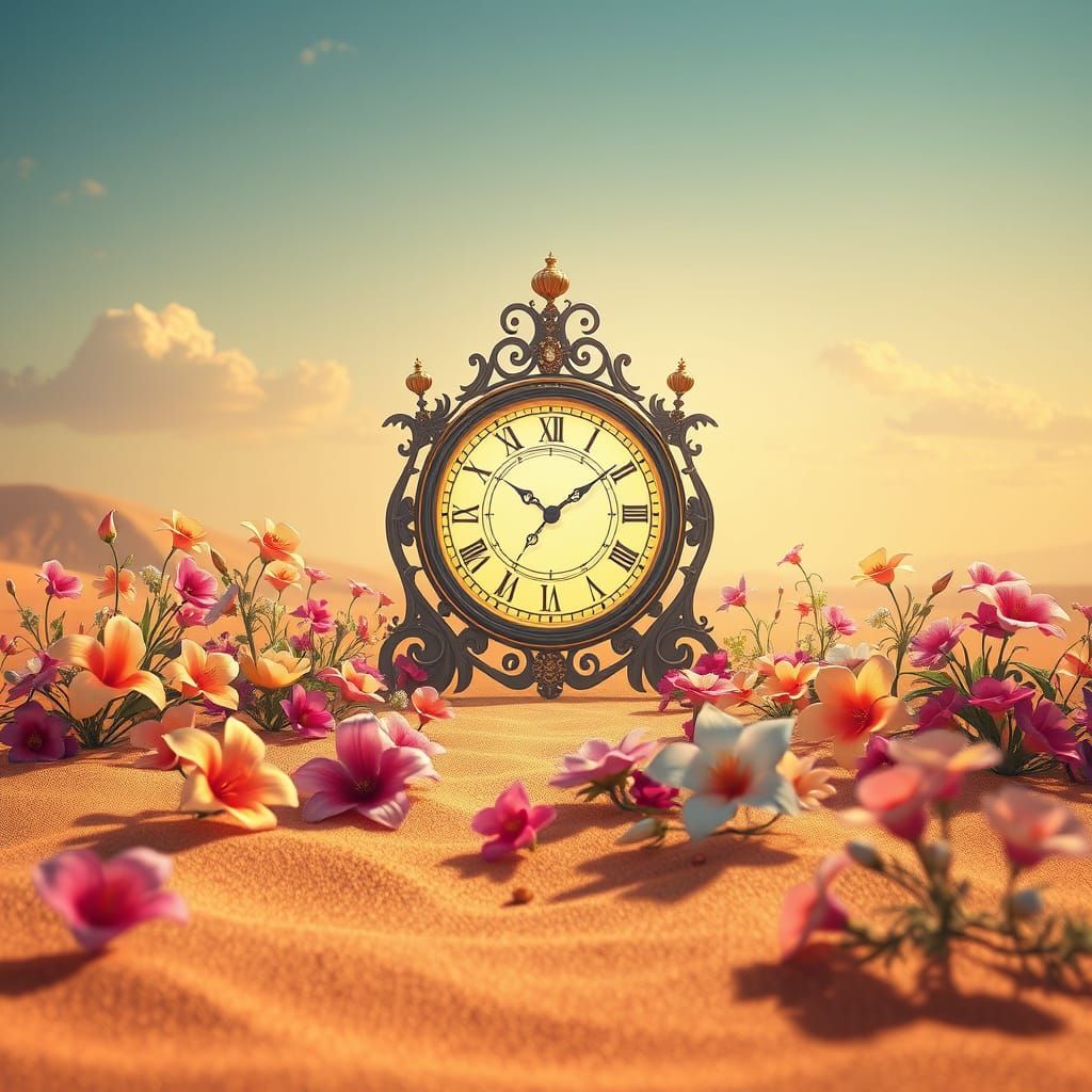 Intricately Designed Clock in Vibrant Desert Landscape
