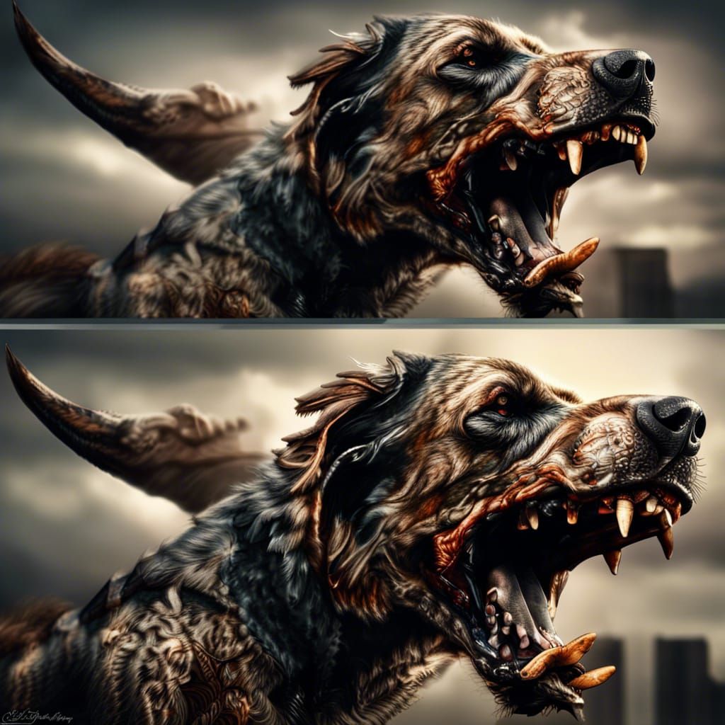 Hyperrealistic Beast Dog Flying with Firing Horns