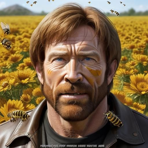 A hyper-realistic scene of Chuck Norris chewing bees instead...