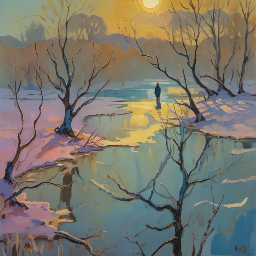 Fauvist Winter Landscape with Figure in Impressionist Style