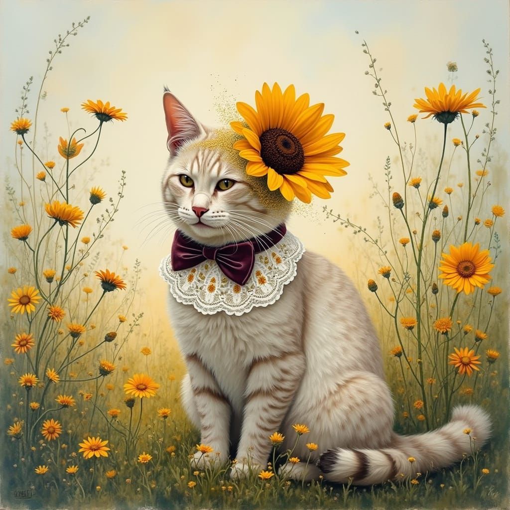 Ethereal Cat Amidst Wildflowers in Gouache Style