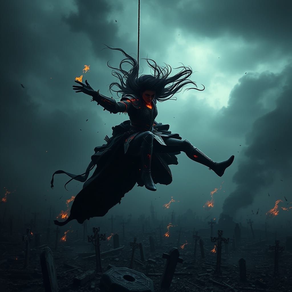 Gothic Vampire Falls from the Sky in Ruin