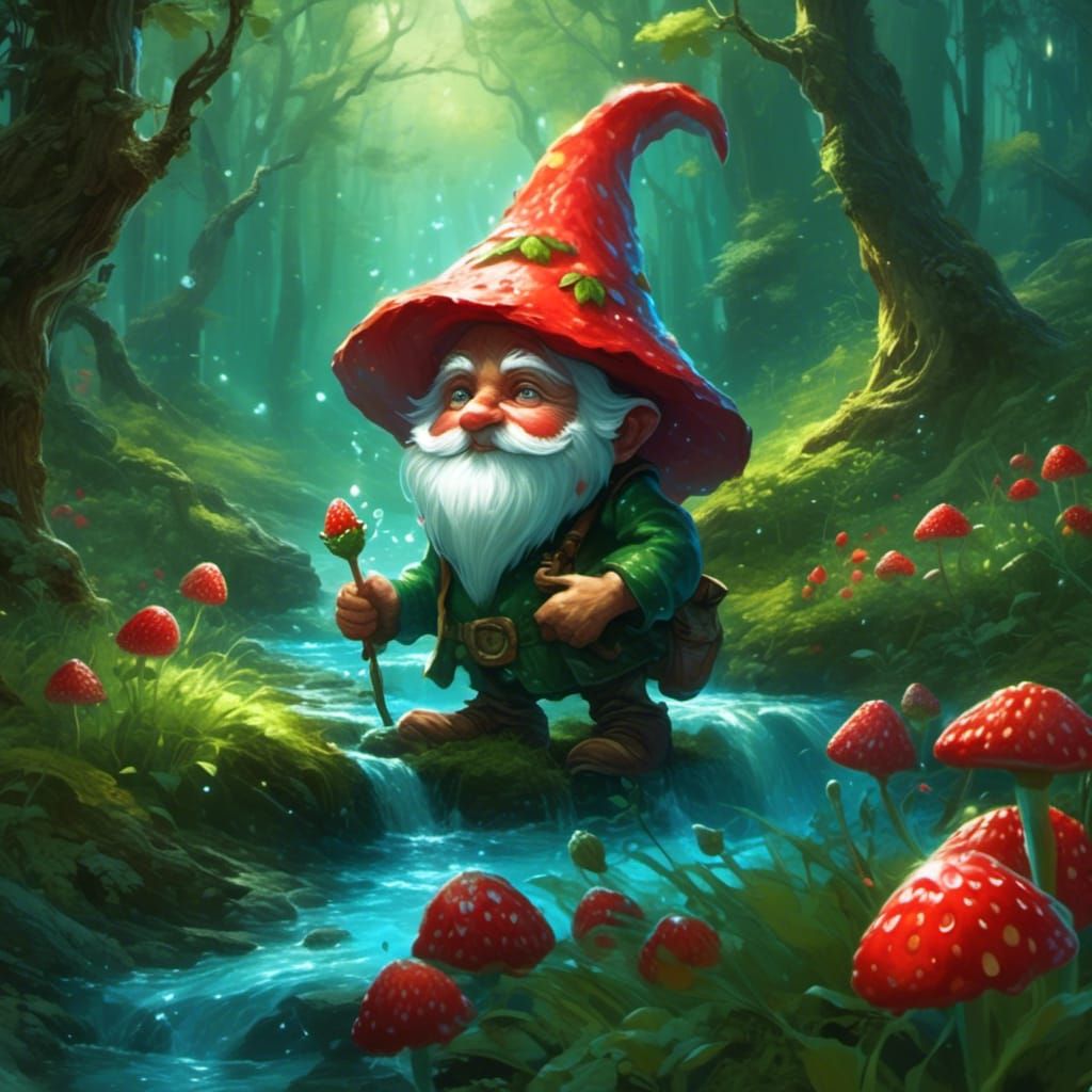 Garden Gnome in Grassy Forest, Fantasy Concept Art