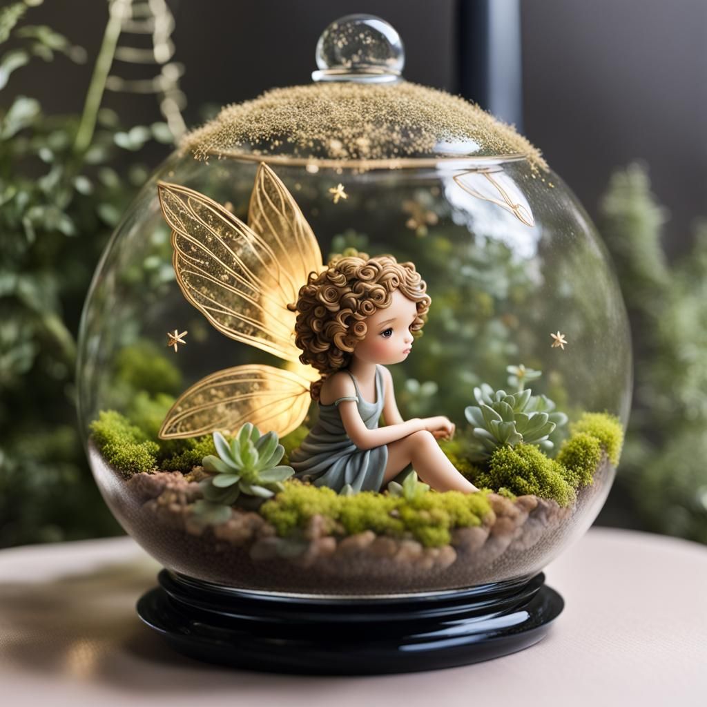 Fairy in Terrarium: Intricately Detailed Golden Wings