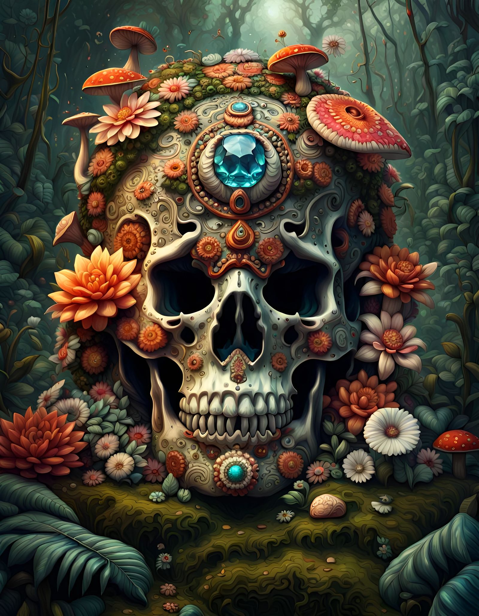 Ornate Jungle Mandala with Skulls and Flora