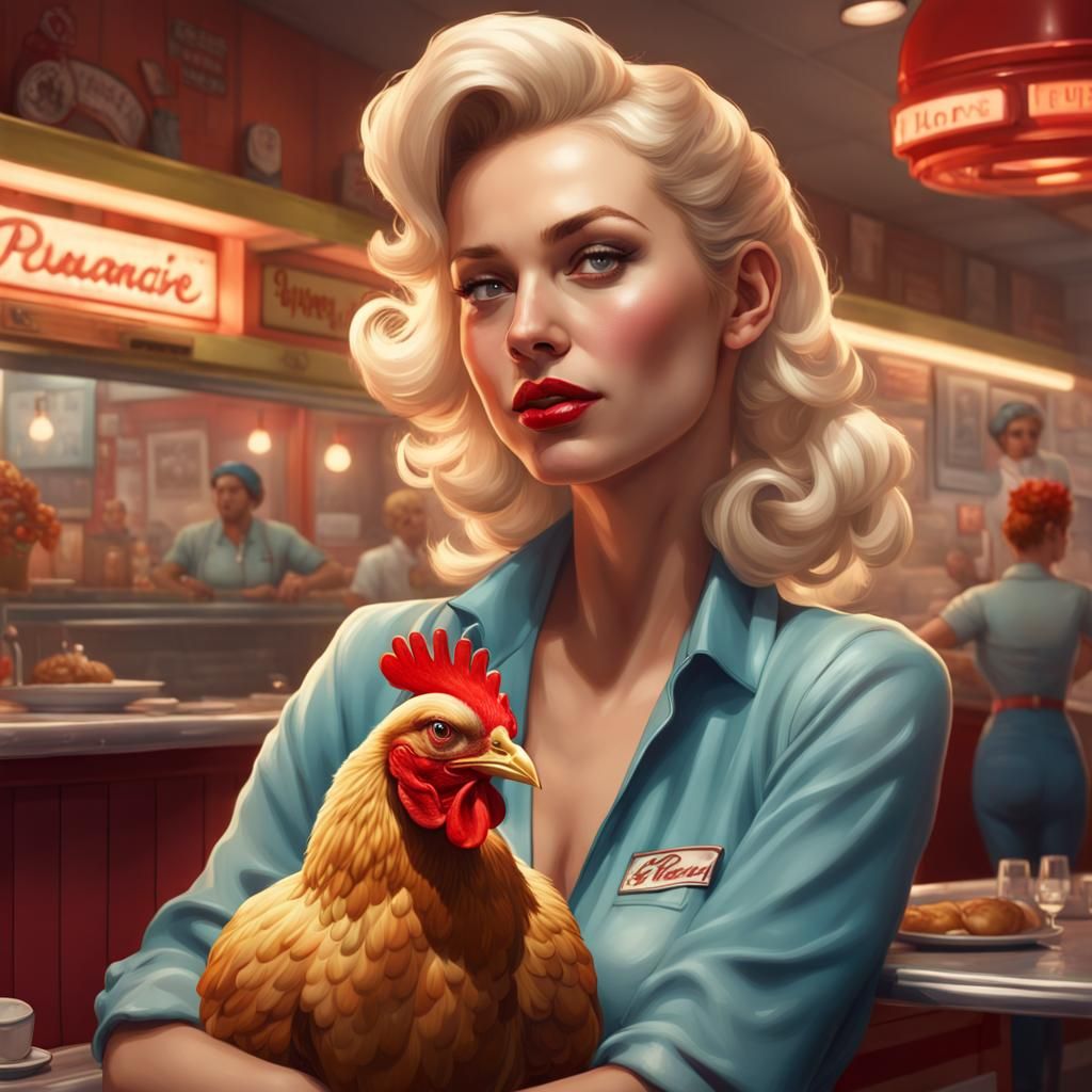 Pinup Girl in Diner with Chicken, Hyperdetailed Portrait