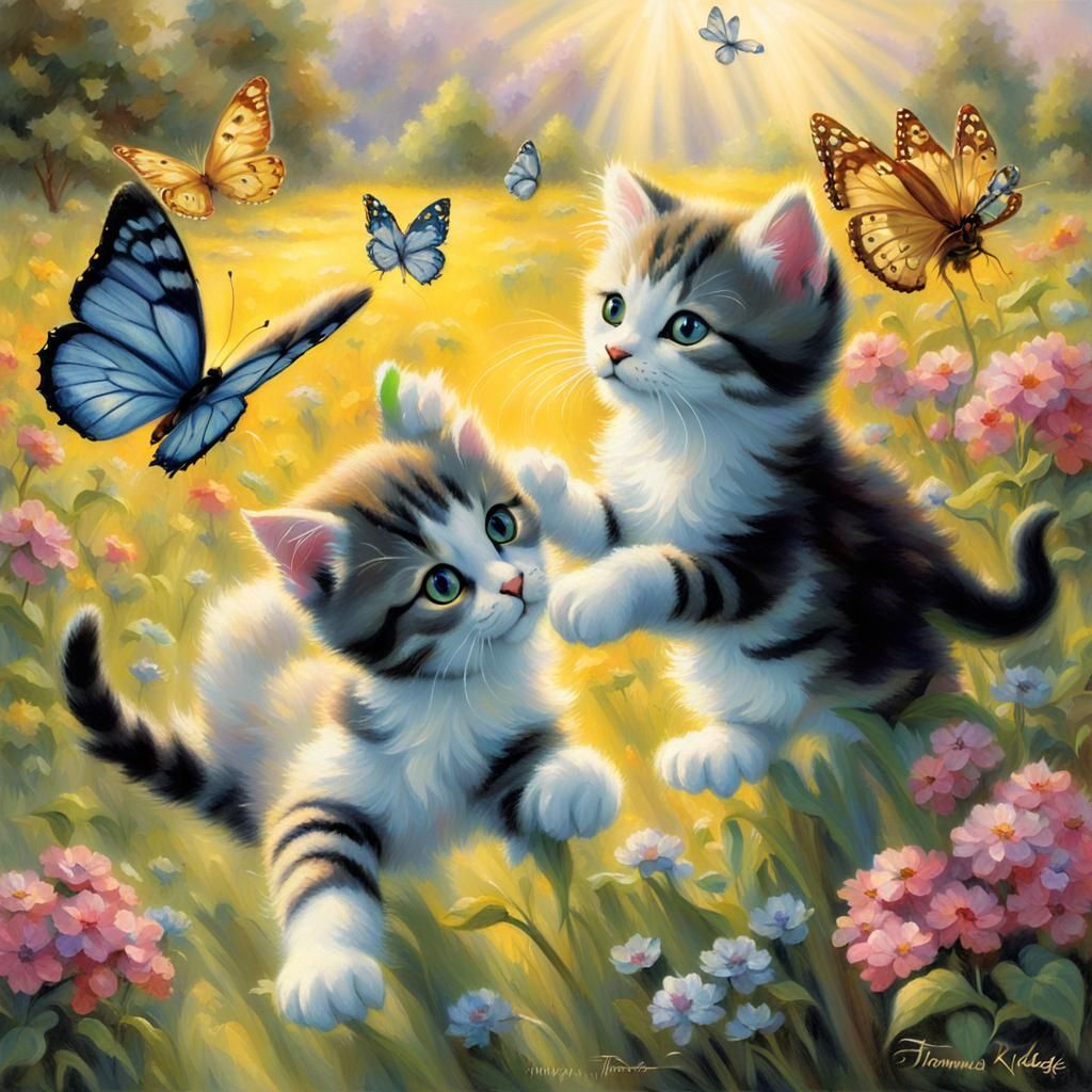Kittens Chase Butterflies in Luminist Style