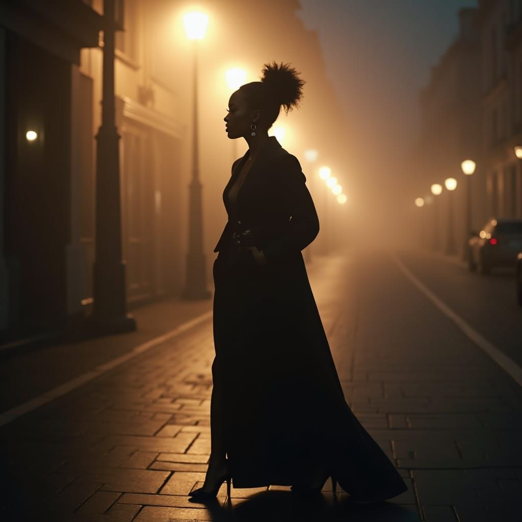 Elegant Woman in High Fashion on Foggy Street