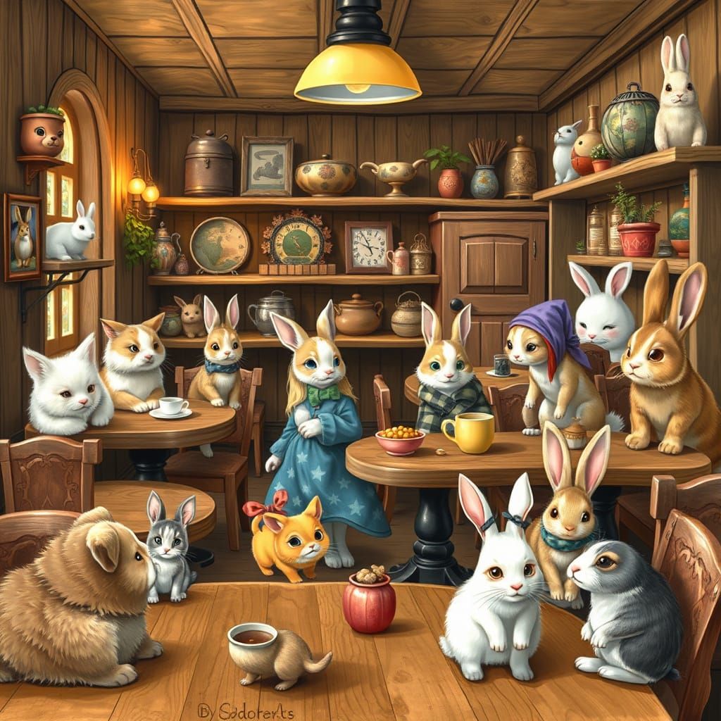 Whimsical Animal Cafe Scene in Vibrant Colors