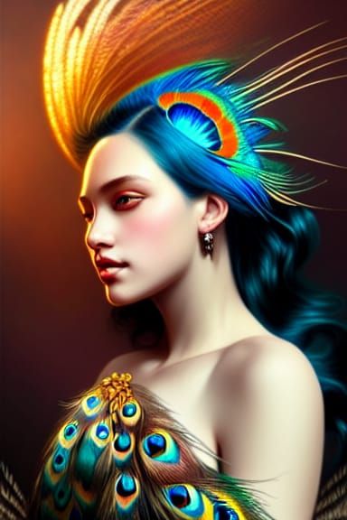 Goddess with Peacock Feathers: Digital Art Portrait
