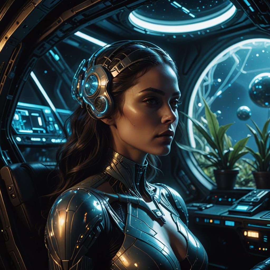 Sci-Fi Concept Art of Athletic Pleiadian Woman in Spaceship