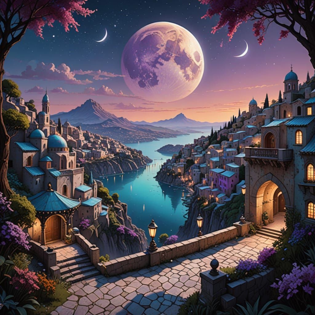 Fantasy Villa Village Artwork on a Crescent Moon