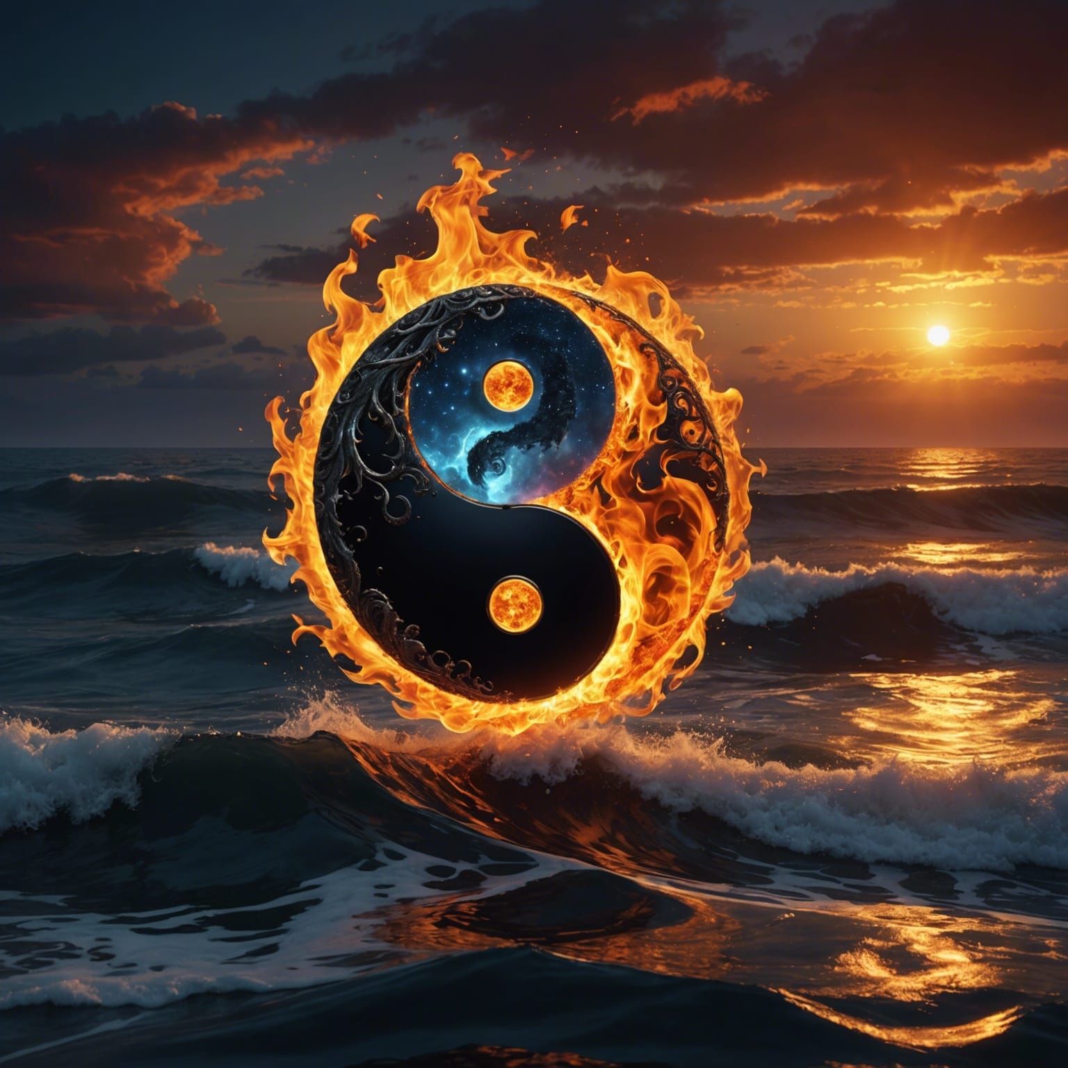 Flaming Yin Yang Emerges from Ocean Depths