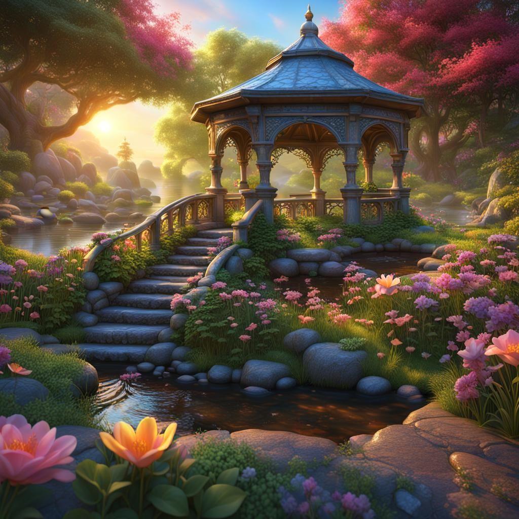 Enchanted Fairy Garden with Gazebo, Digital Art