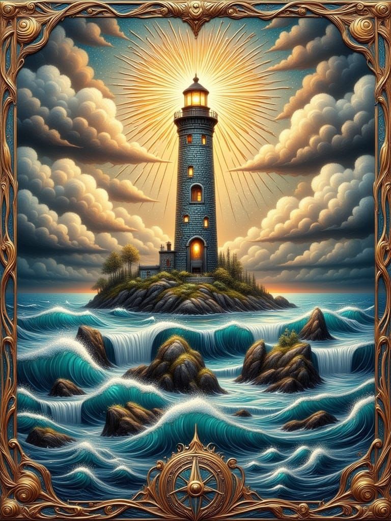 Ethereal Lighthouse Scene in Art Nouveau Style