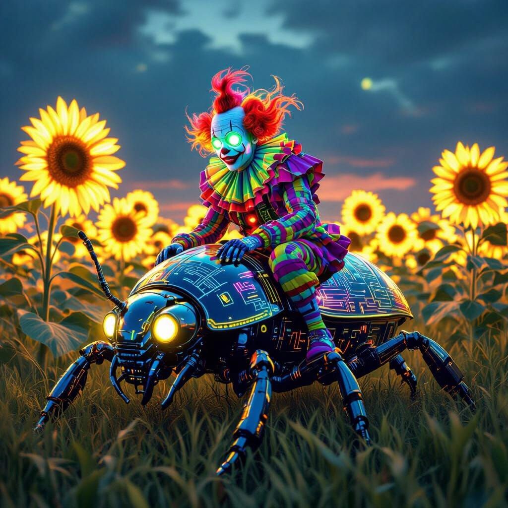 Psychedelic Clown Rides Beetle Through Alien Sunflowers