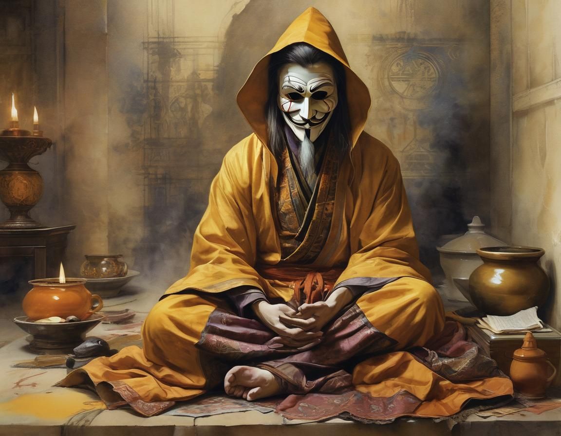 Masked Meditating Figure in Saffron Robes