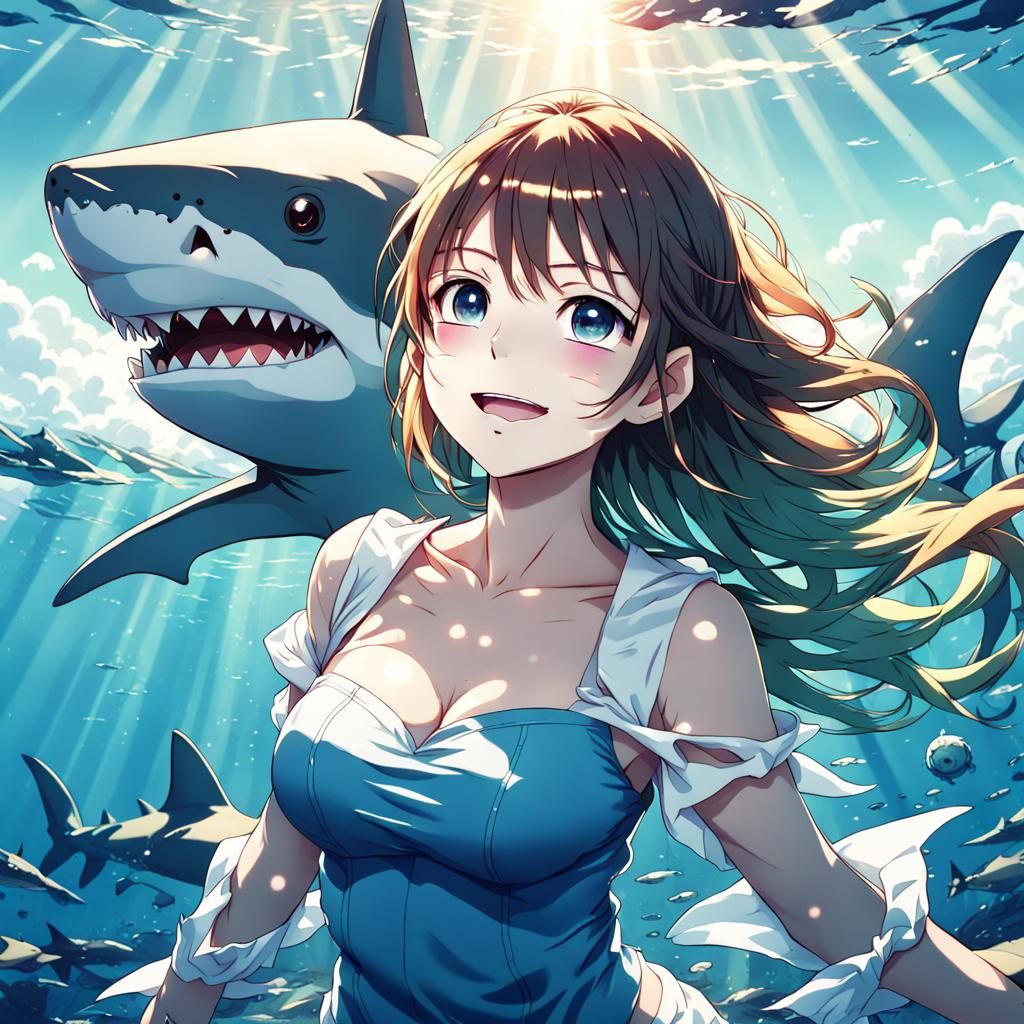 Anime Shark Girl in Sunlit Ocean Scene