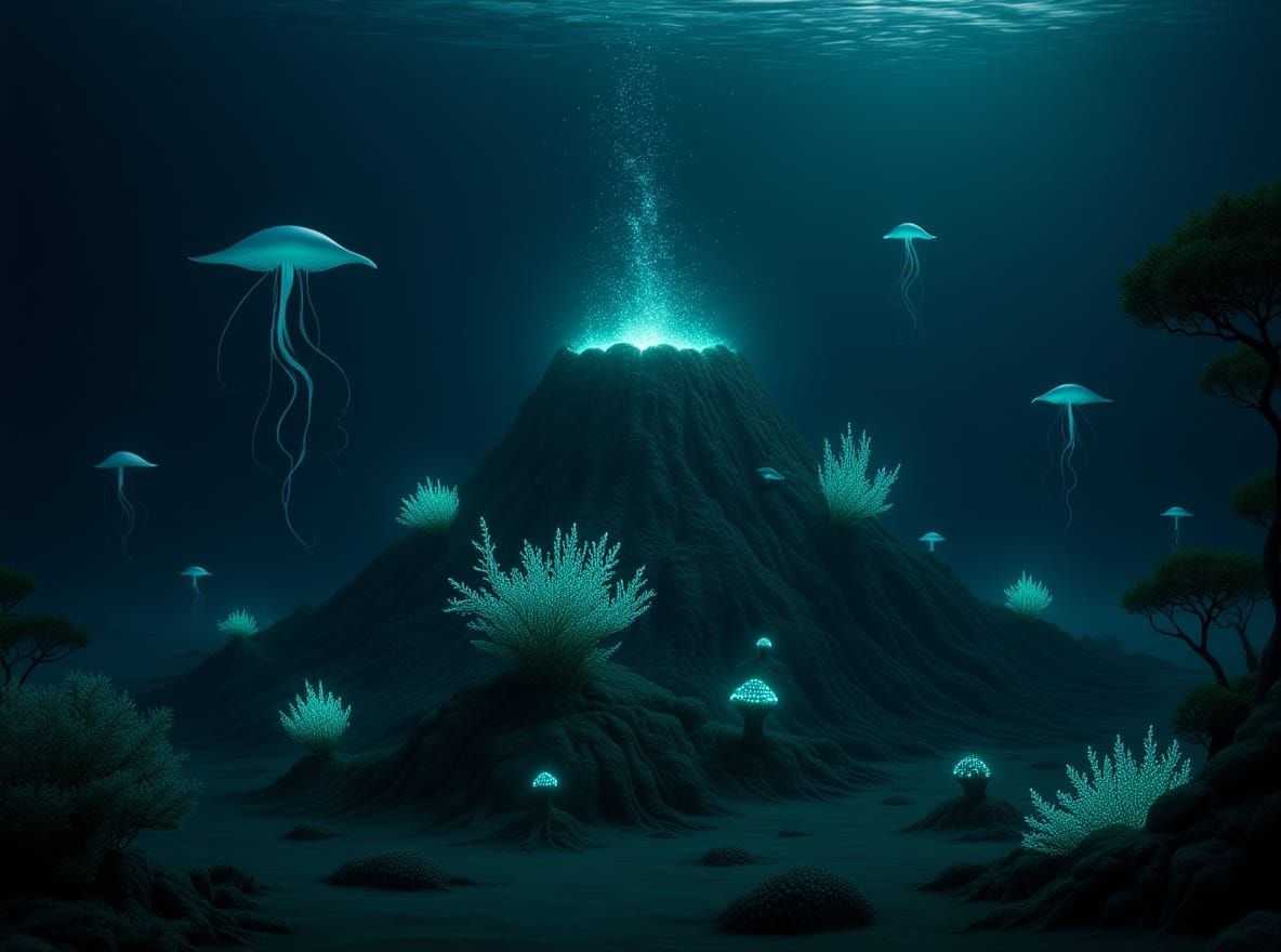 Bioluminescent Underwater Volcano in Photorealistic Style