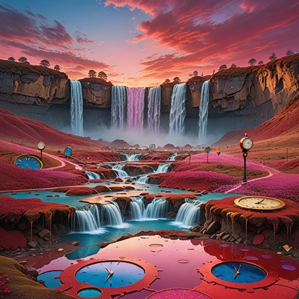 Surreal Landscape With Giant Clocks and Waterfalls
