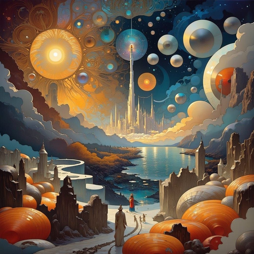 Mystical Cityscape with Crumbling Spires in Art Nouveau Styl...