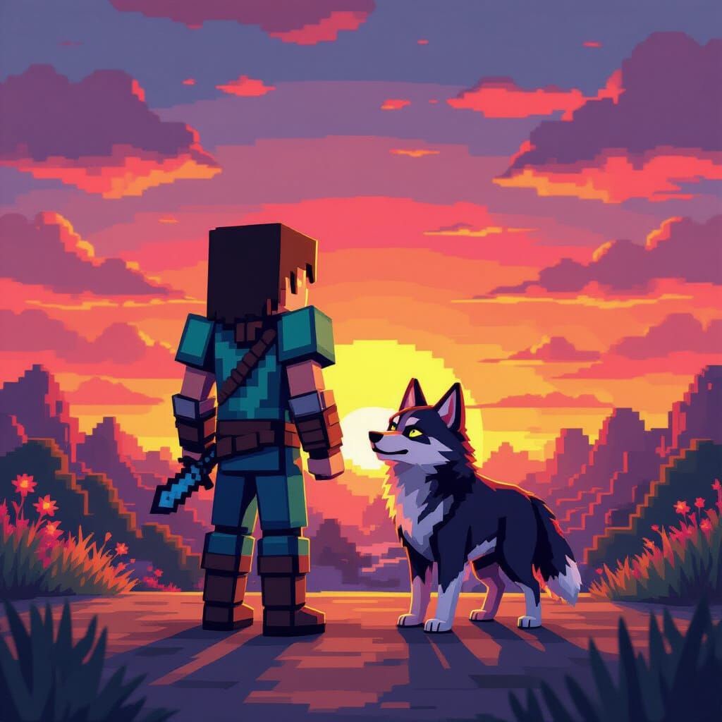 Minecraft Sunset with Steve, Alex, and Wolf