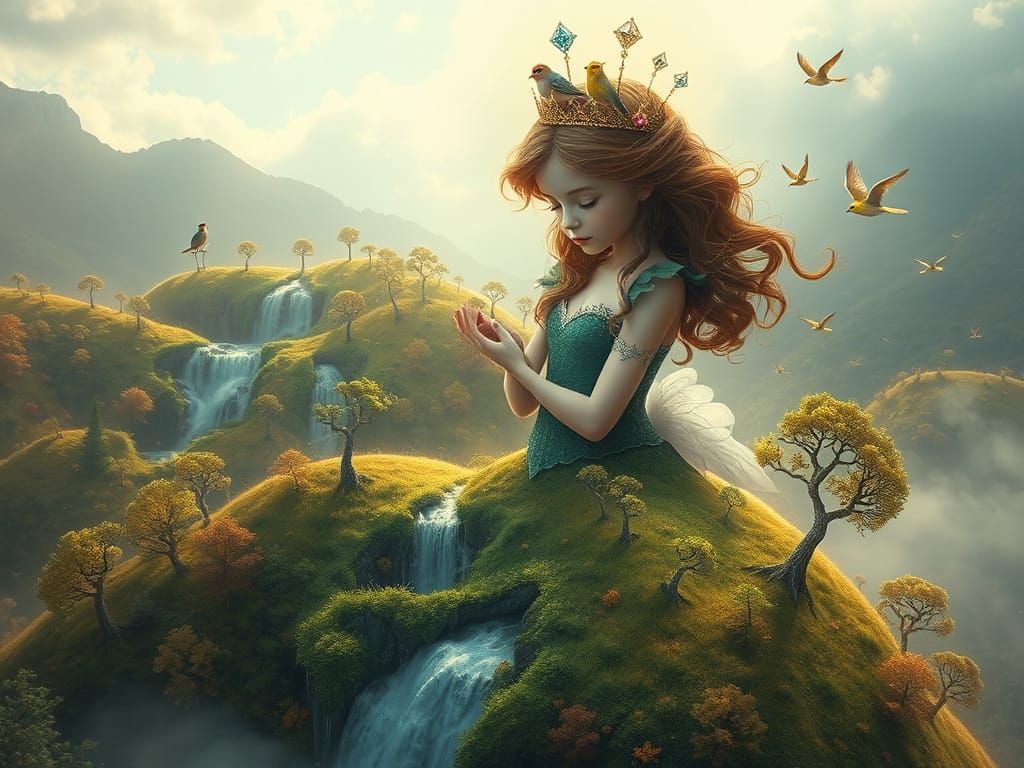 Enchanted Princess in Vibrant Surreal Landscape