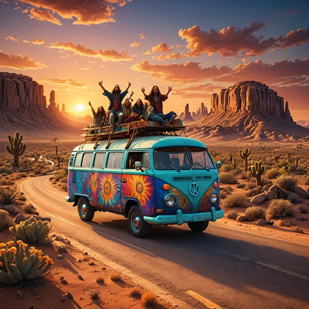 Hippie Van on Desert Road at Sunset