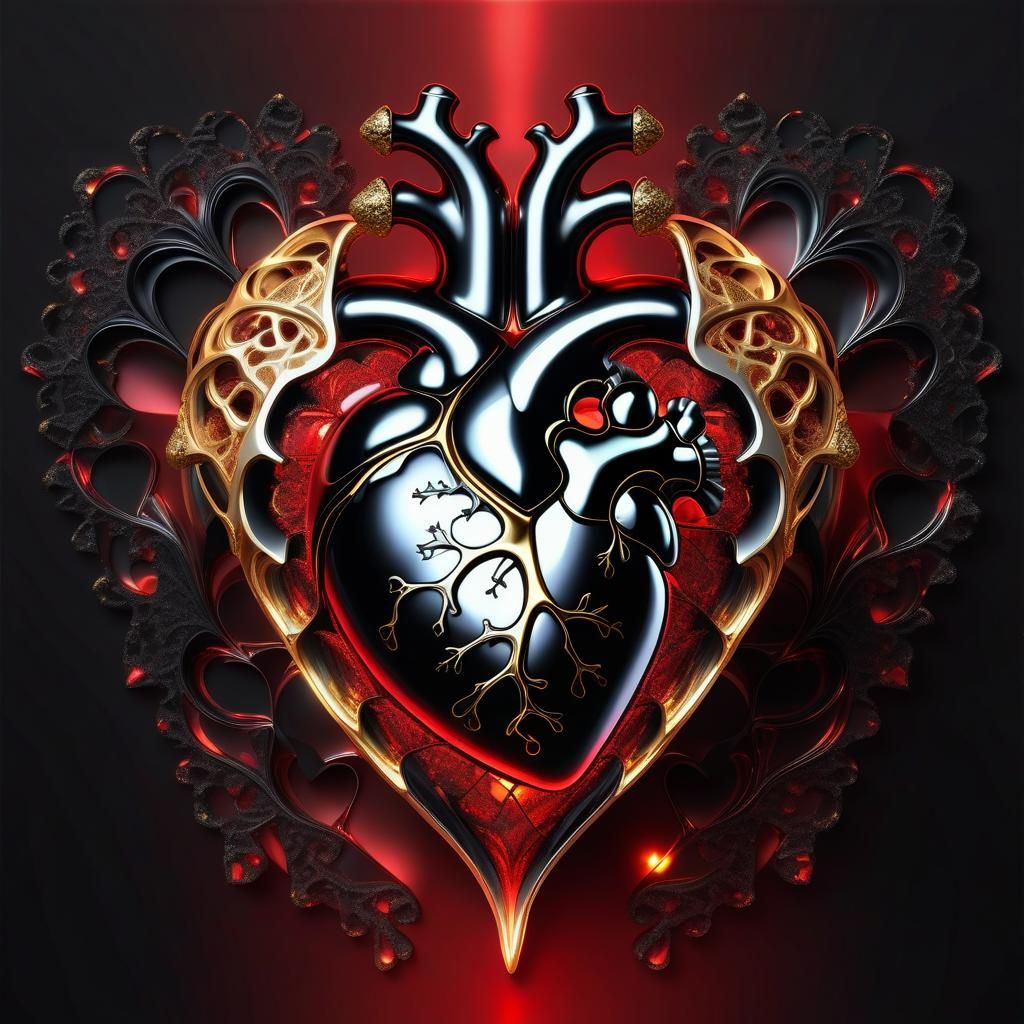 Anatomical Black Heart with Gold and Fractal Accents