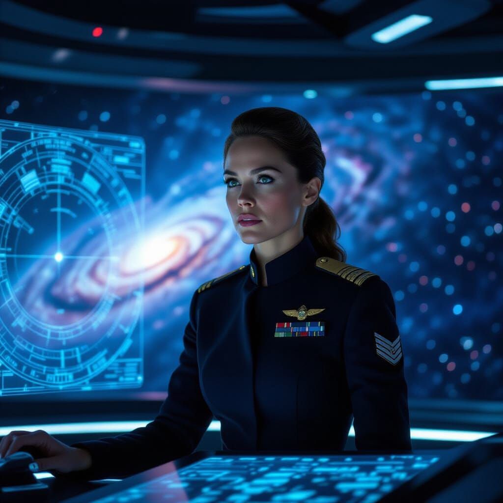 Stoic Starship Captain Gazes at Nebula on Bridge