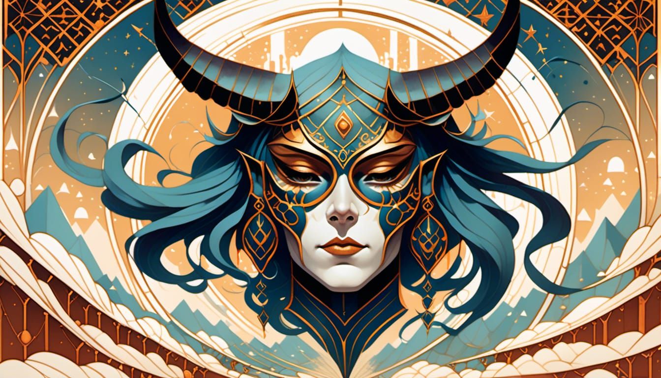 Oni Mask in Desert, Art Nouveau Style