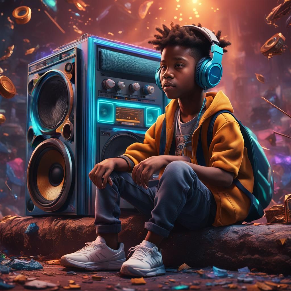 Kid Vibing to Hip Hop in Detailed Matte Painting