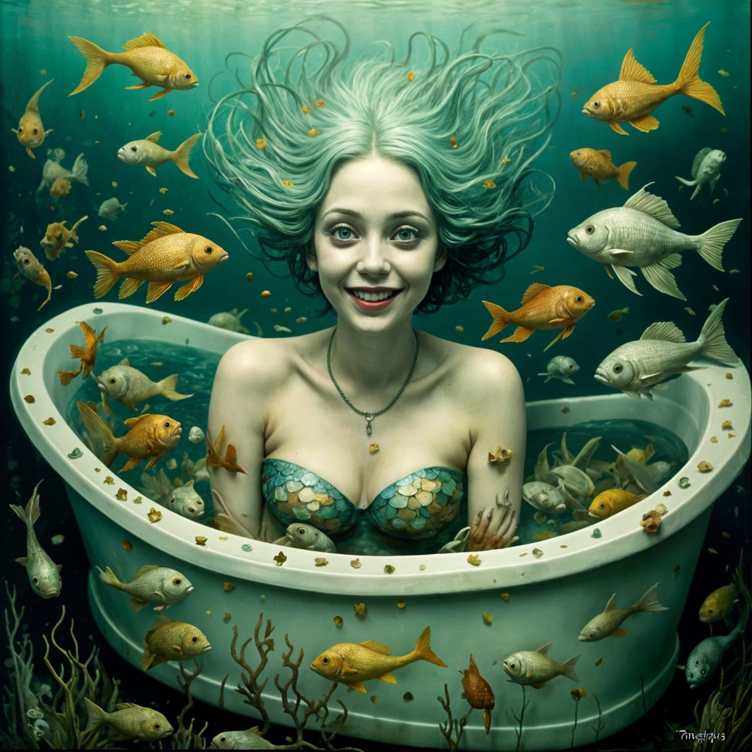 Old Mermaid in Fish-Filled Tub: Digital Art