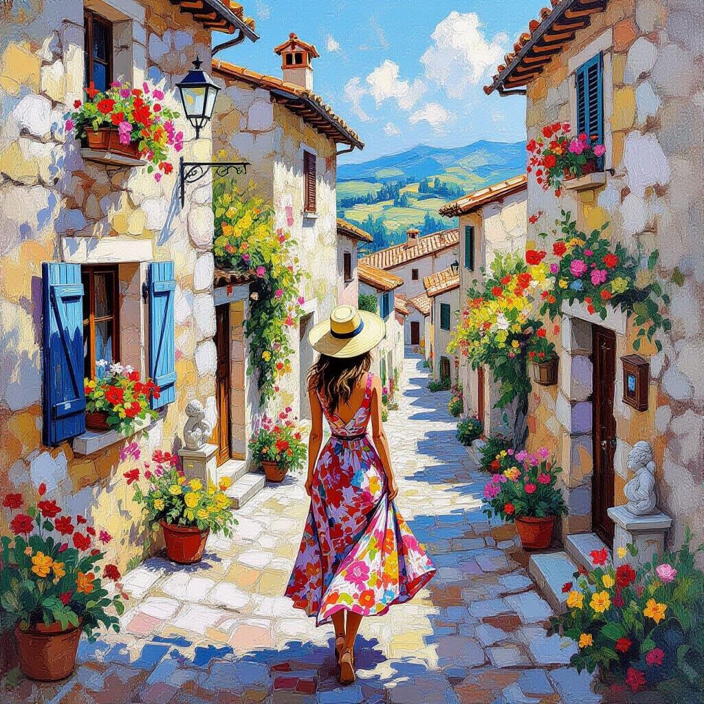 Italian Village Scene in Neo-Impressionist Style