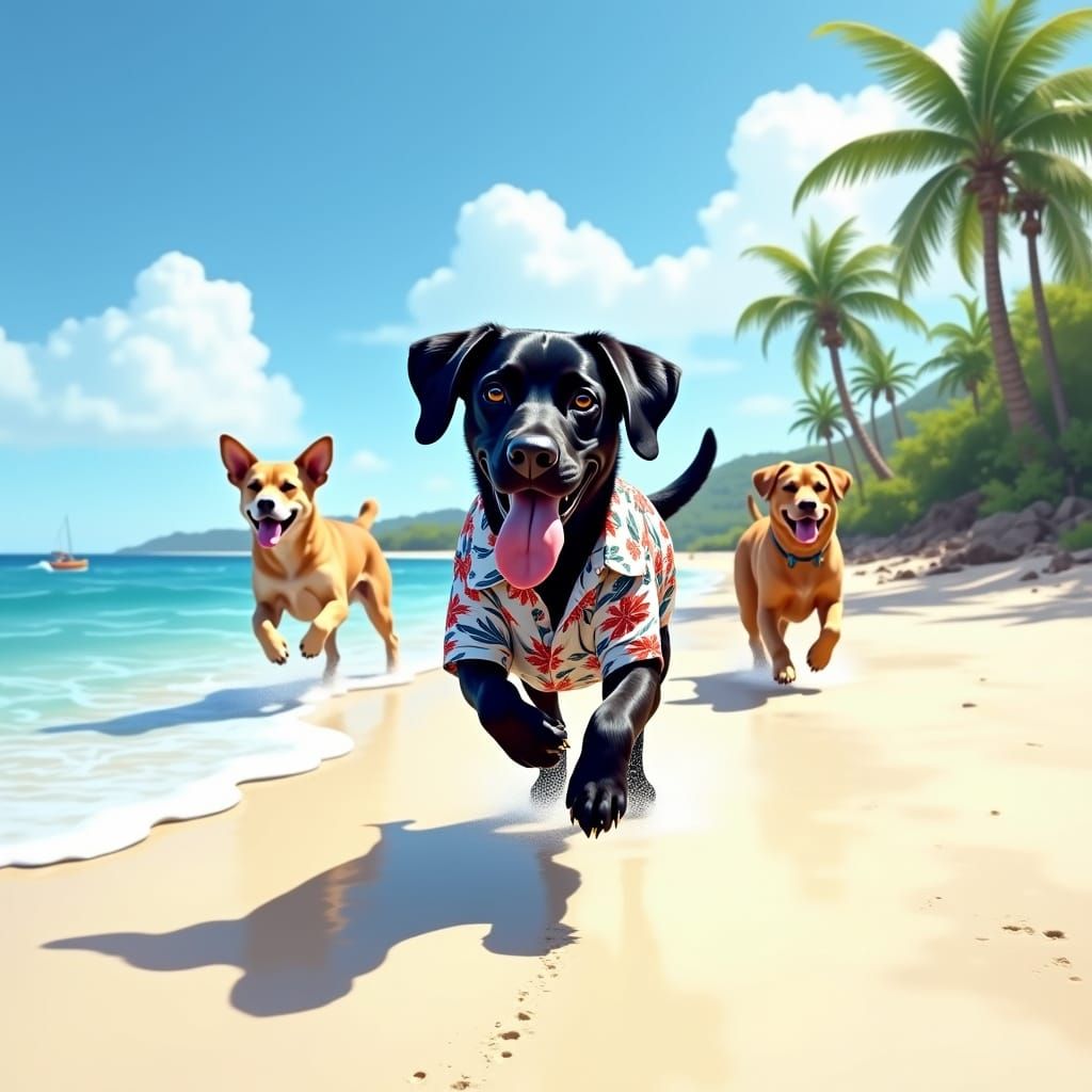 Happy Labrador on Serene Beach in Bob Ross Style