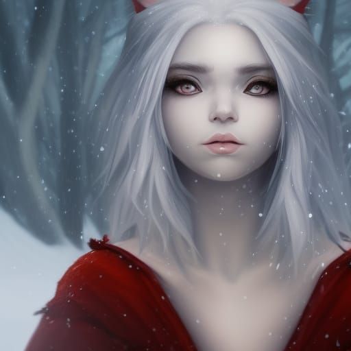 Red Dragon Girl in Snowy Forest, Detailed 4K Portrait