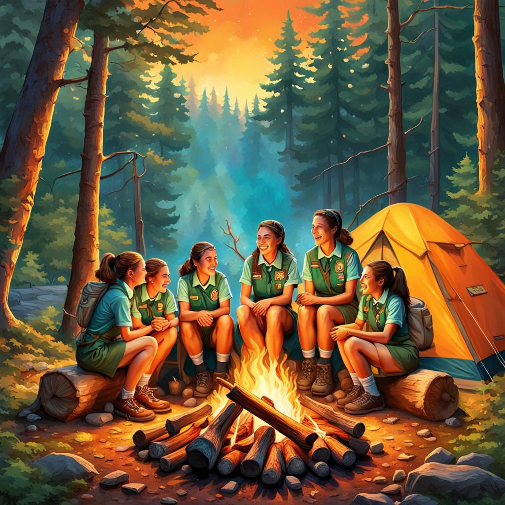 Girl Scouts Campfire Scene in Rockwell Style