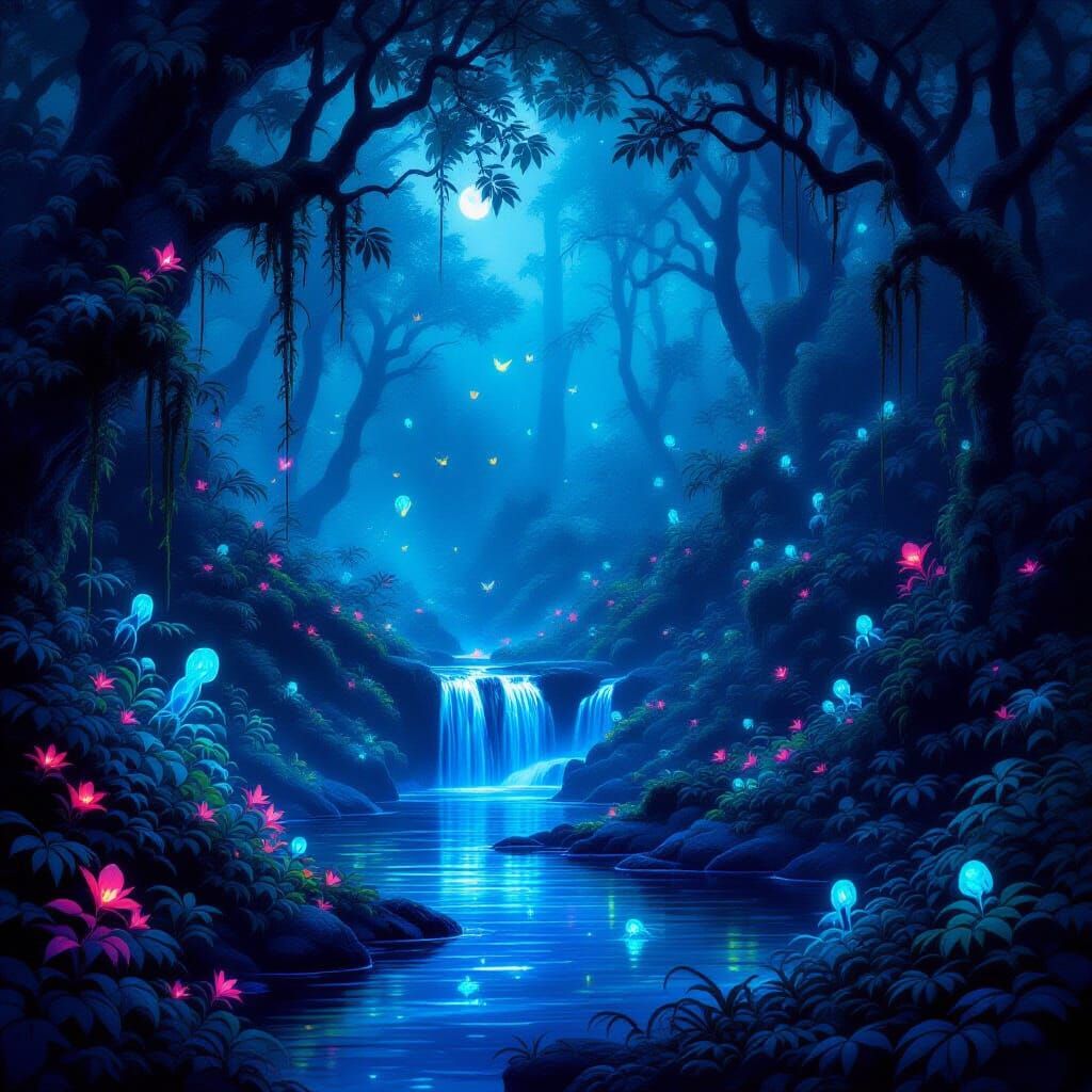 Bioluminescent Forest at Night with Glowing Creatures