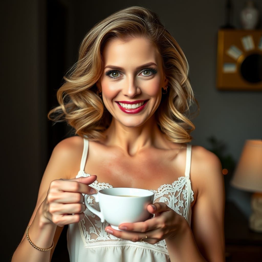 Elegant Actress Offers a Warm Cup of Coffee in a Softly Lit ...
