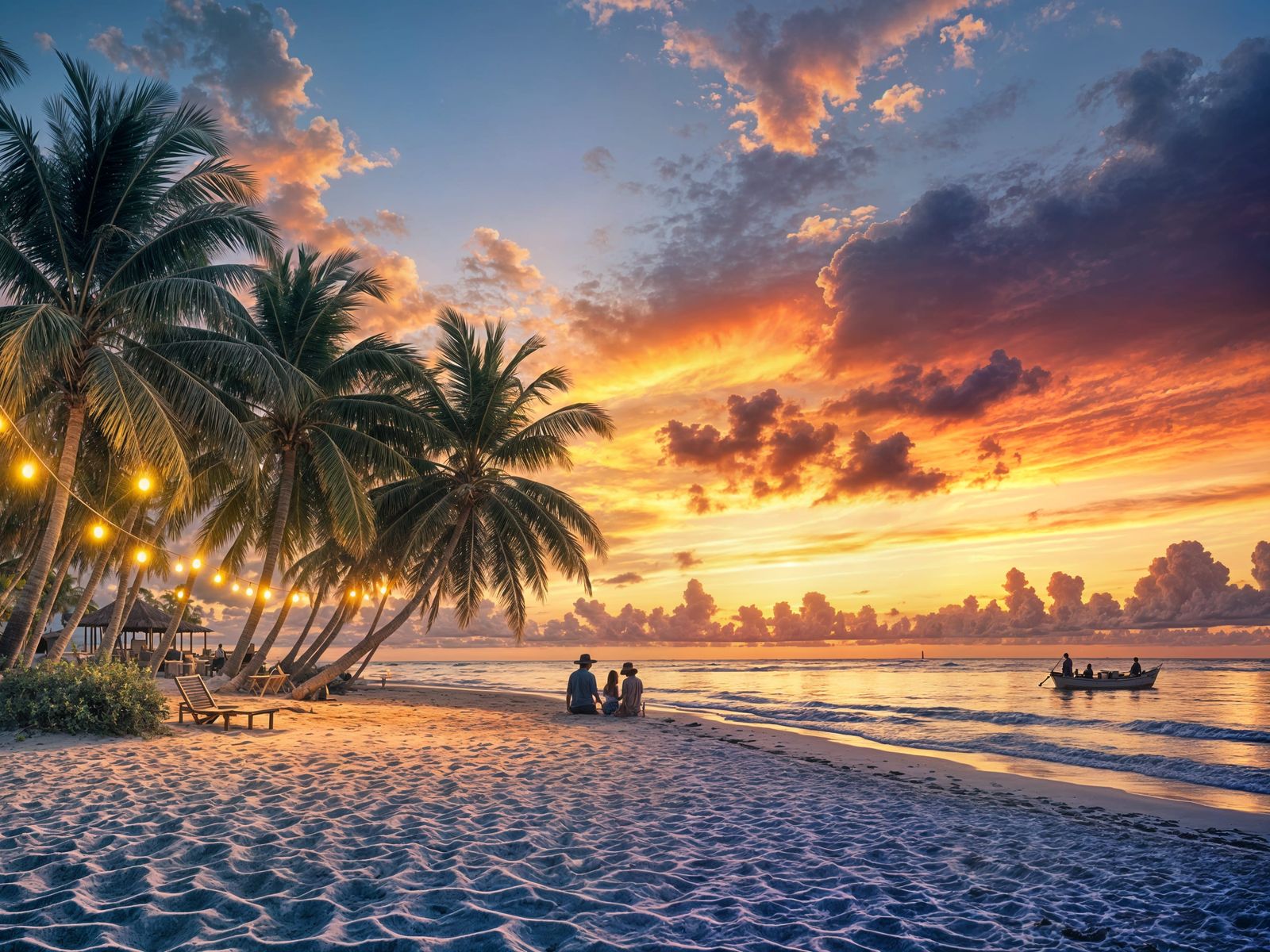 Golden Hour Beach Scene with Silhouetted Palms