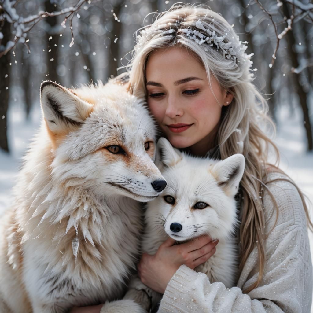 Fox and Lady Embrace in Winter Wonderland