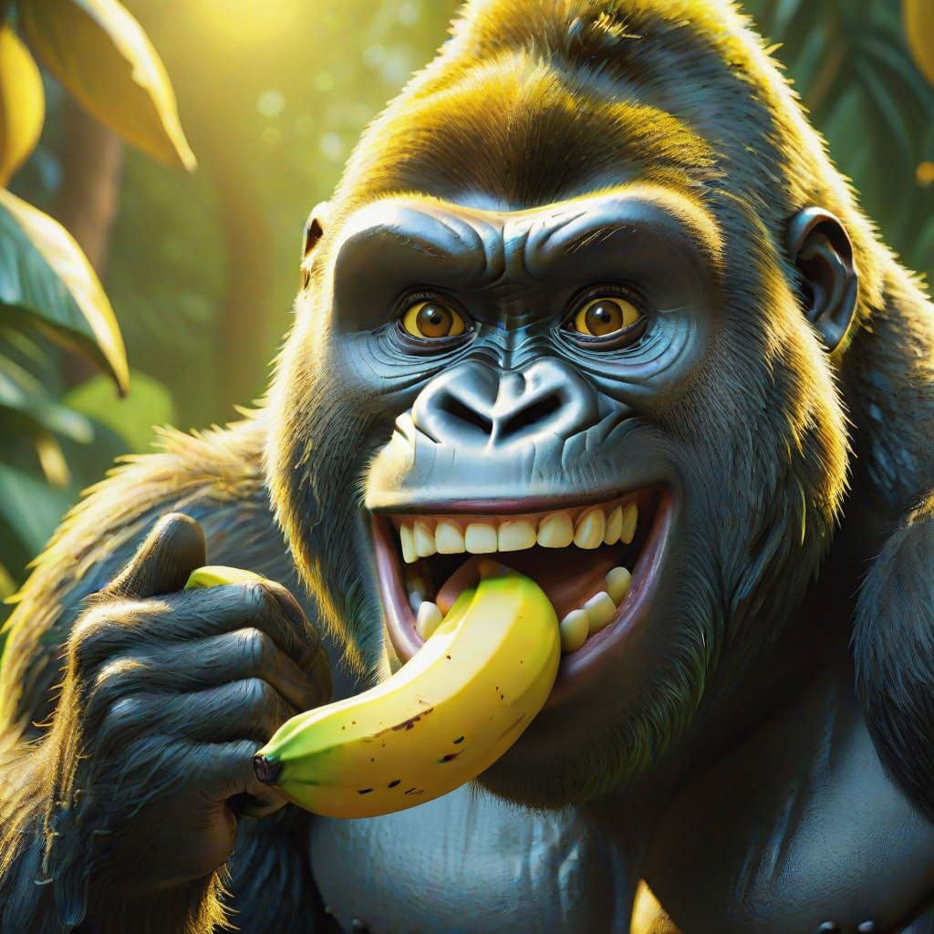 Smiling Gorilla Eating Banana: 3D Digital Art