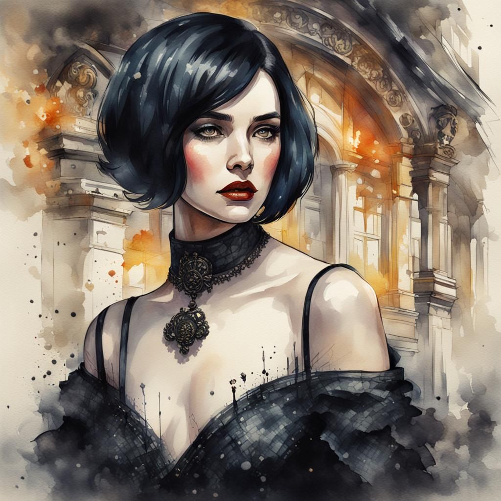 Gothic English Woman: Classical Watercolor Illustration