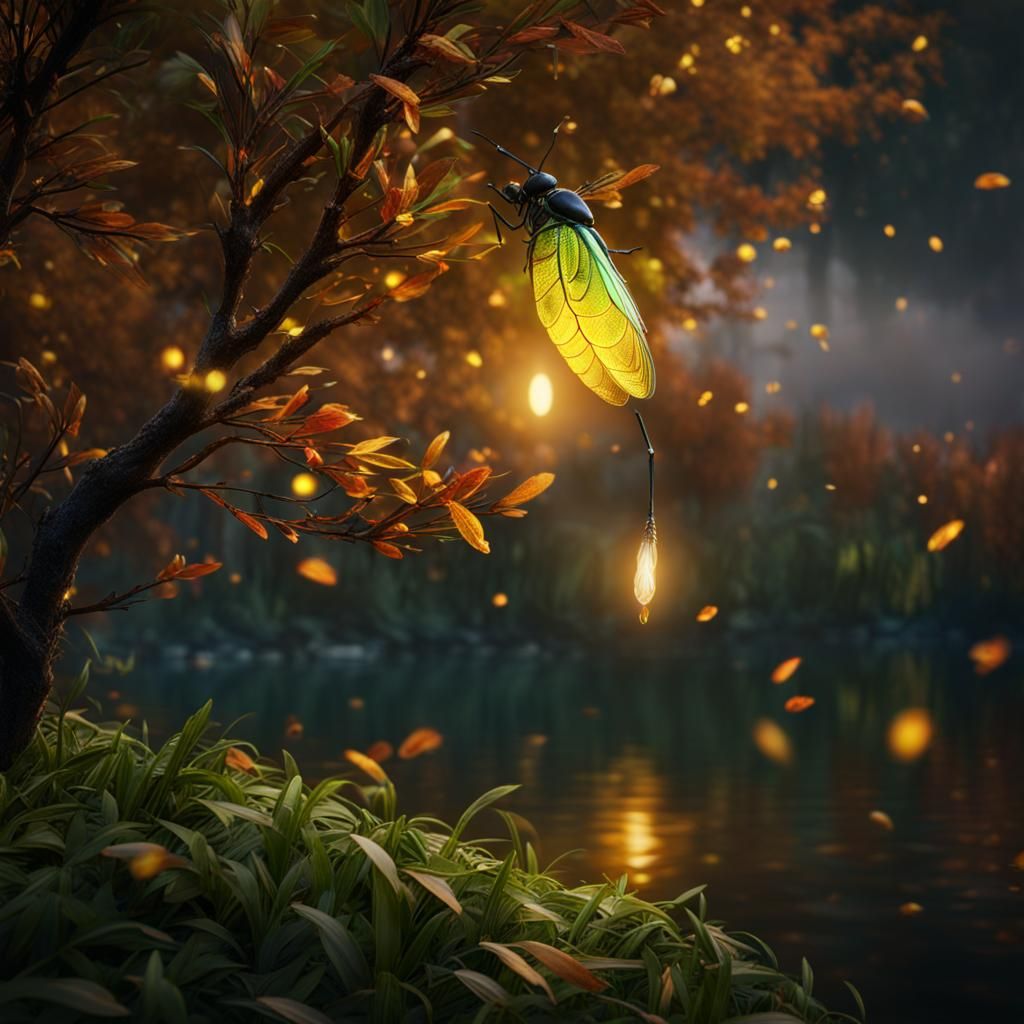 Firefly Landing by River: Detailed Fantasy Art