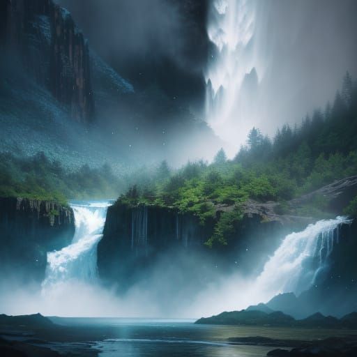 Waterfall Cascading Down Skyscraper in Crystal Cave
