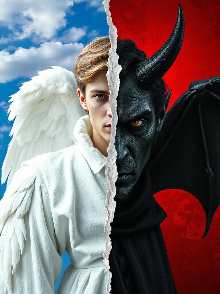 Angelic and Demonic Split Portrait in Hyperdetailed Style
