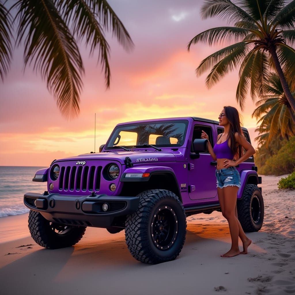 Purple Jeep on Deserted Island at Sunset